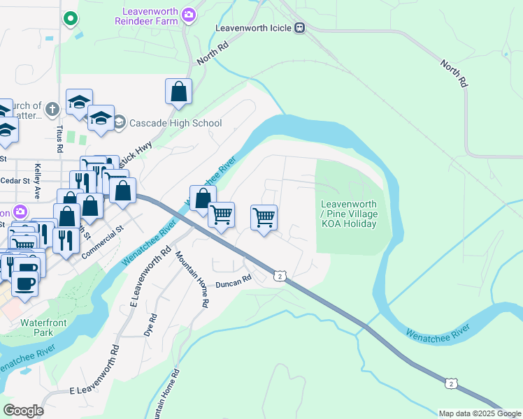 map of restaurants, bars, coffee shops, grocery stores, and more near 100 Ward Strasse in Leavenworth