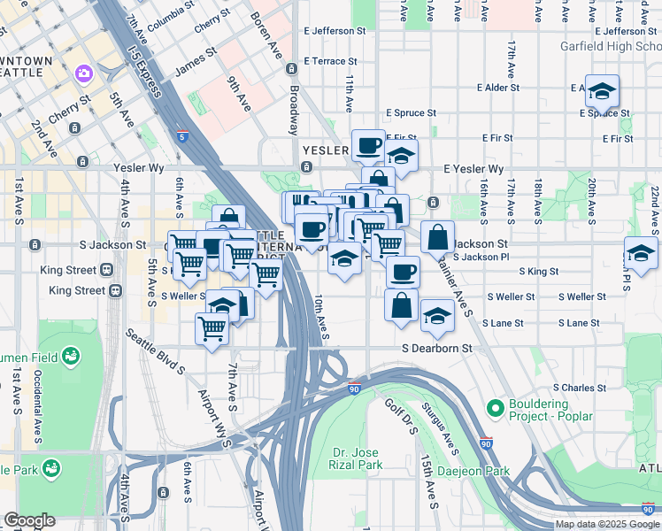 map of restaurants, bars, coffee shops, grocery stores, and more near 1013 South King Street in Seattle