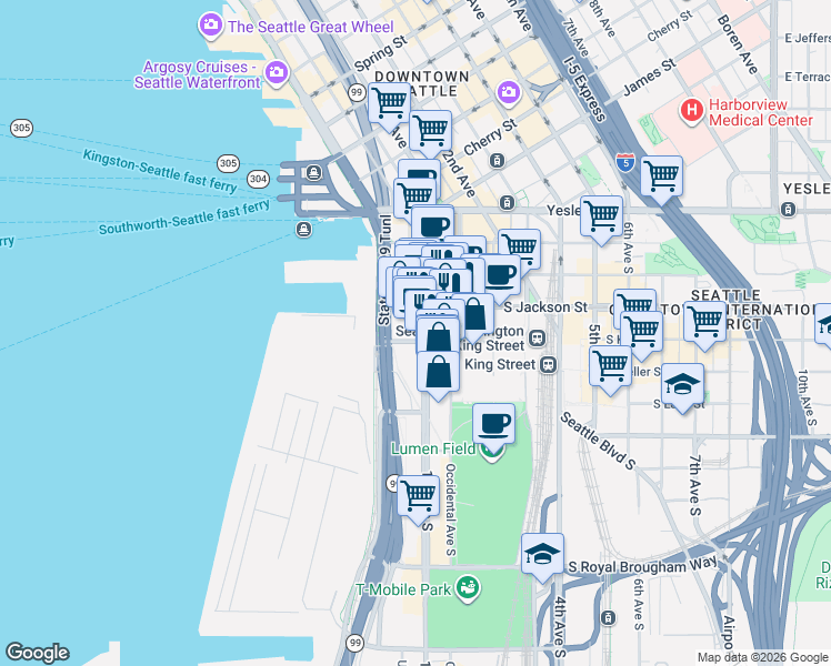map of restaurants, bars, coffee shops, grocery stores, and more near 421 1st Avenue South in Seattle