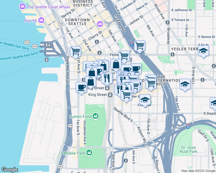 map of restaurants, bars, coffee shops, grocery stores, and more near 303 South Jackson Street in Seattle