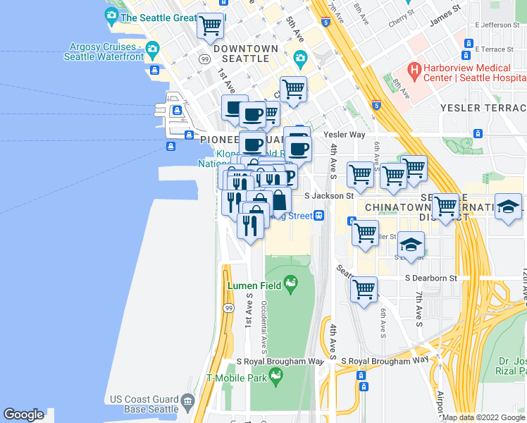 map of restaurants, bars, coffee shops, grocery stores, and more near 512 1st Avenue South in Seattle