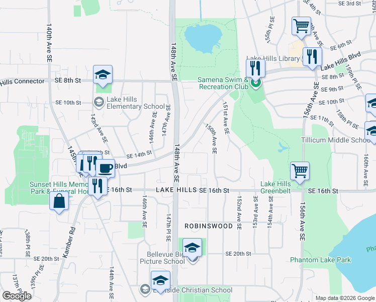 map of restaurants, bars, coffee shops, grocery stores, and more near 1279 149th Place Southeast in Bellevue