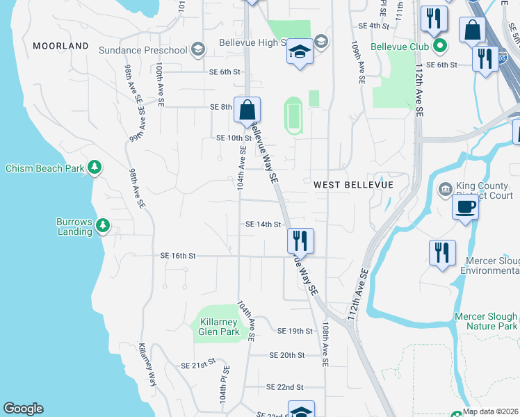 map of restaurants, bars, coffee shops, grocery stores, and more near 10422 Southeast 14th Street in Bellevue