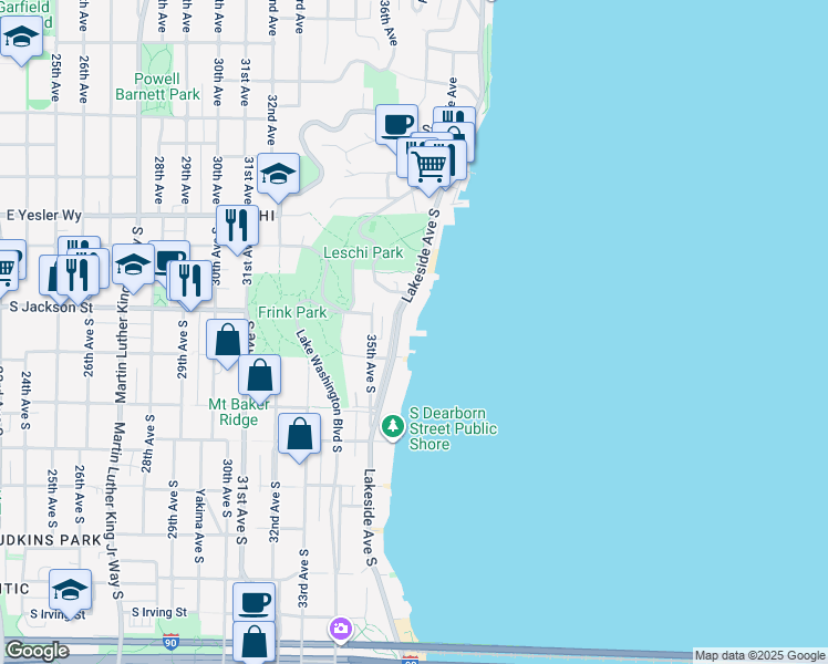 map of restaurants, bars, coffee shops, grocery stores, and more near 434 Lakeside Avenue South in Seattle