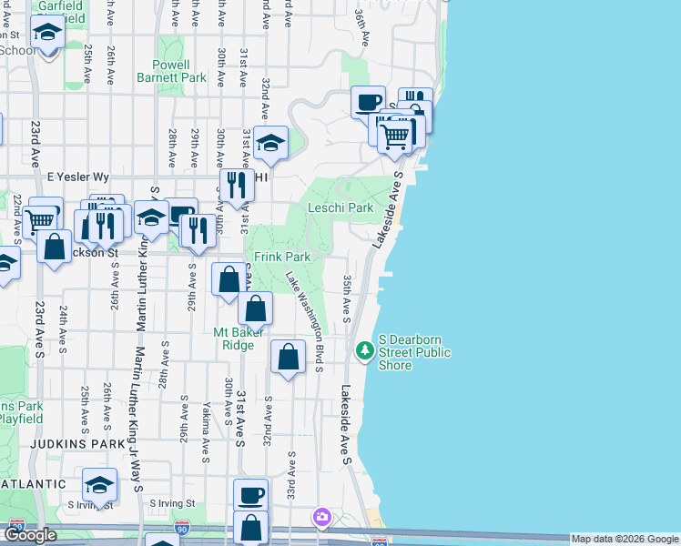 map of restaurants, bars, coffee shops, grocery stores, and more near 3500 South King Street in Seattle
