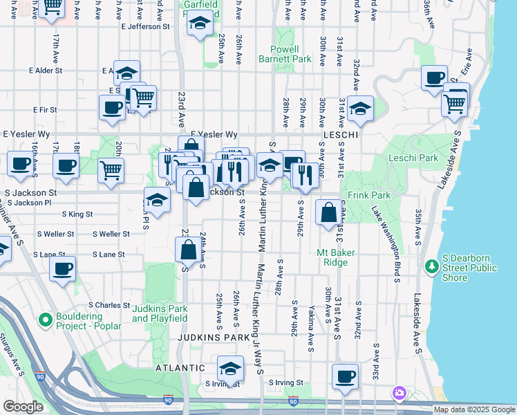 map of restaurants, bars, coffee shops, grocery stores, and more near 2615 South King Street in Seattle