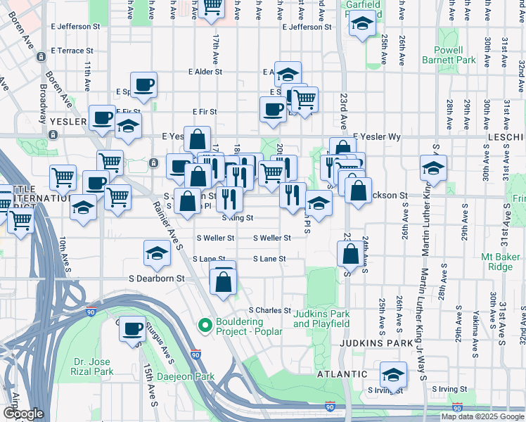 map of restaurants, bars, coffee shops, grocery stores, and more near 1847 South King Street in Seattle