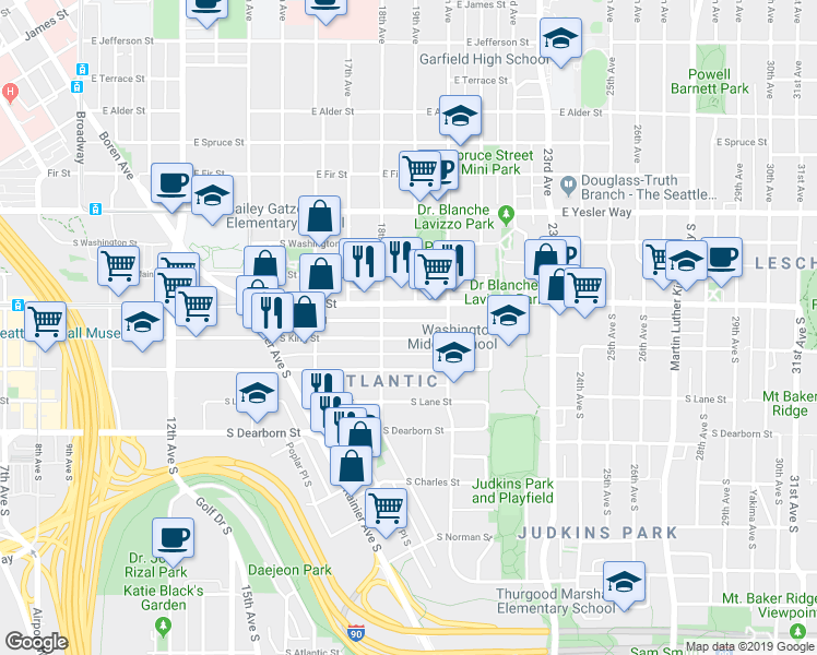 map of restaurants, bars, coffee shops, grocery stores, and more near 508 18th Avenue South in Seattle