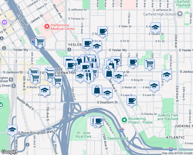 map of restaurants, bars, coffee shops, grocery stores, and more near 1222 South Weller Street in Seattle