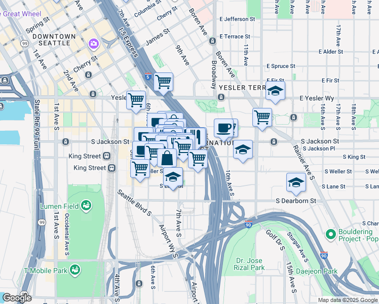 map of restaurants, bars, coffee shops, grocery stores, and more near 509 7th Avenue South in Seattle