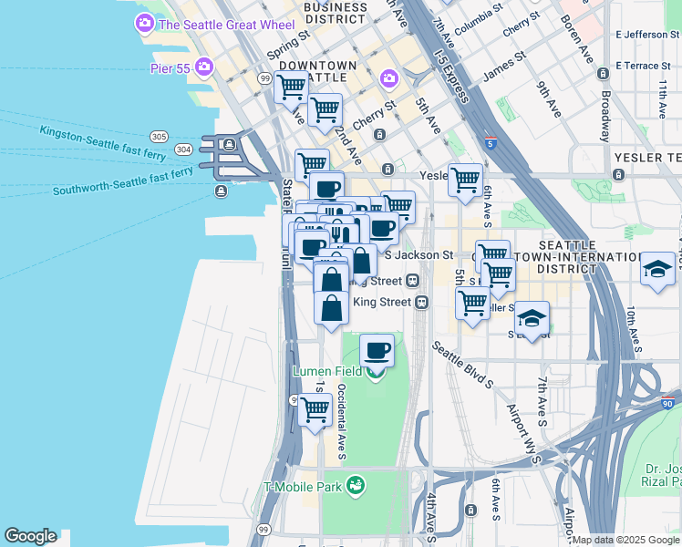 map of restaurants, bars, coffee shops, grocery stores, and more near 512 1st Avenue South in Seattle