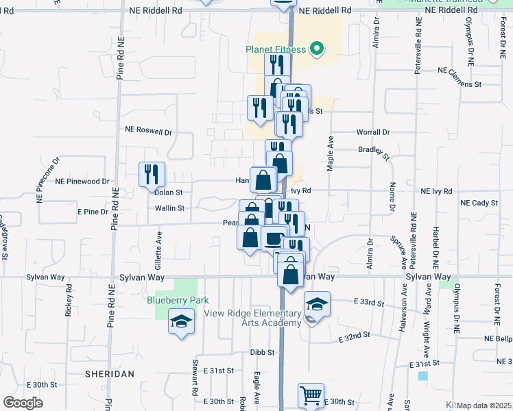 map of restaurants, bars, coffee shops, grocery stores, and more near 4020 Bledsoe Avenue in Bremerton