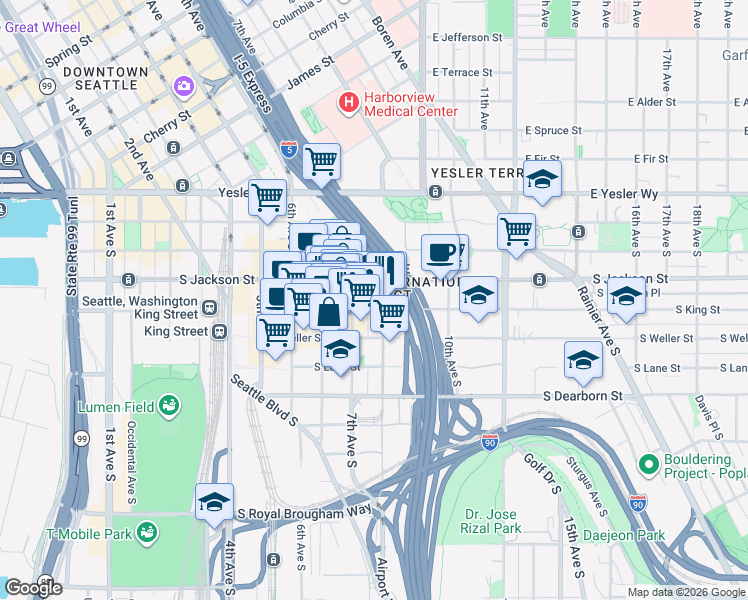 map of restaurants, bars, coffee shops, grocery stores, and more near 417 8th Avenue South in Seattle