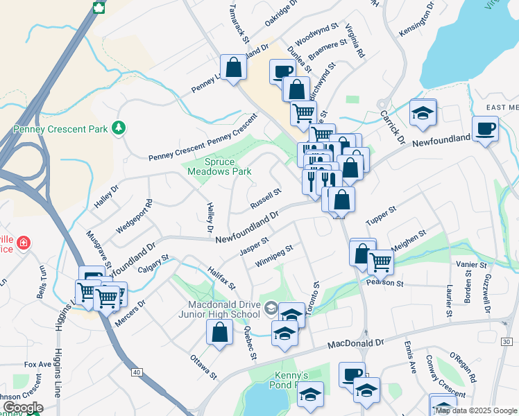 map of restaurants, bars, coffee shops, grocery stores, and more near 482 A Newfoundland Drive in St. John's