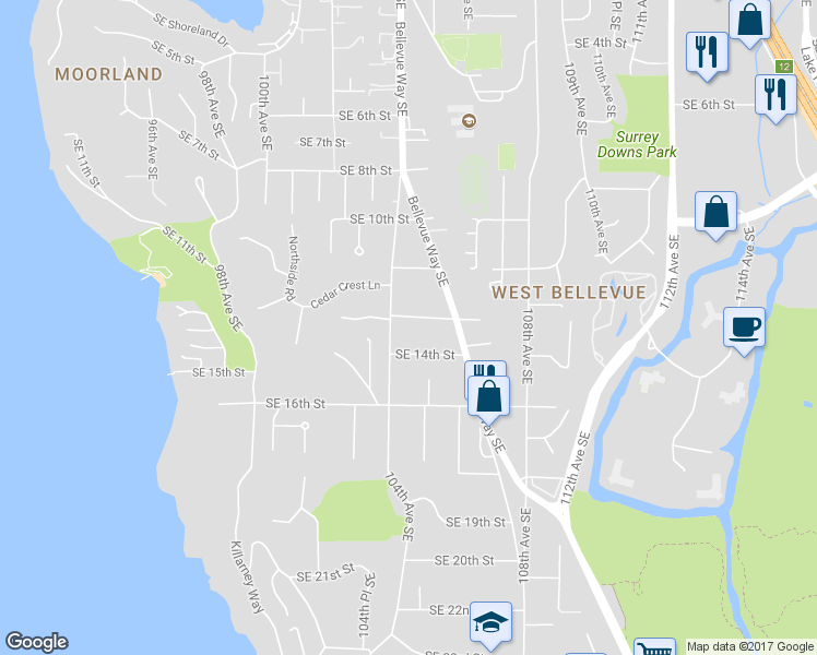 map of restaurants, bars, coffee shops, grocery stores, and more near 10415 Southeast 13th Street in Bellevue