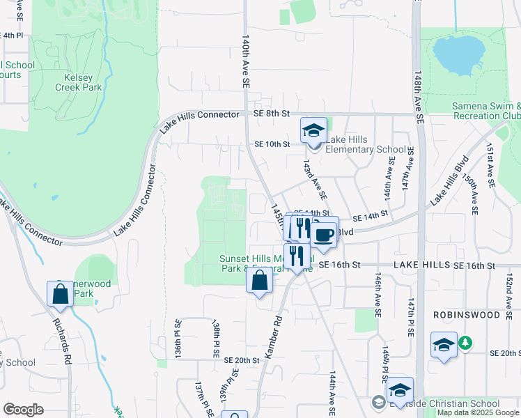 map of restaurants, bars, coffee shops, grocery stores, and more near 1349 145th Place Southeast in Bellevue