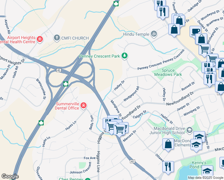 map of restaurants, bars, coffee shops, grocery stores, and more near 106 Halley Drive in St. John's