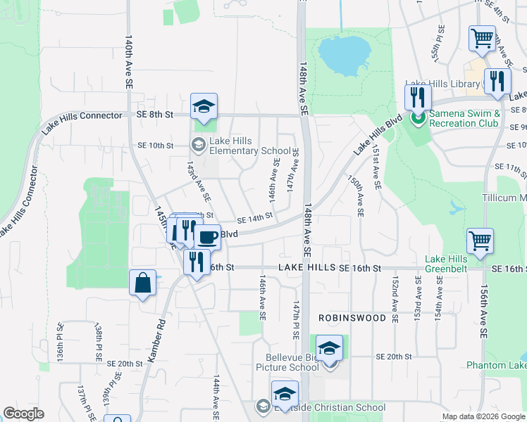 map of restaurants, bars, coffee shops, grocery stores, and more near 14514 Southeast 14th Street in Bellevue