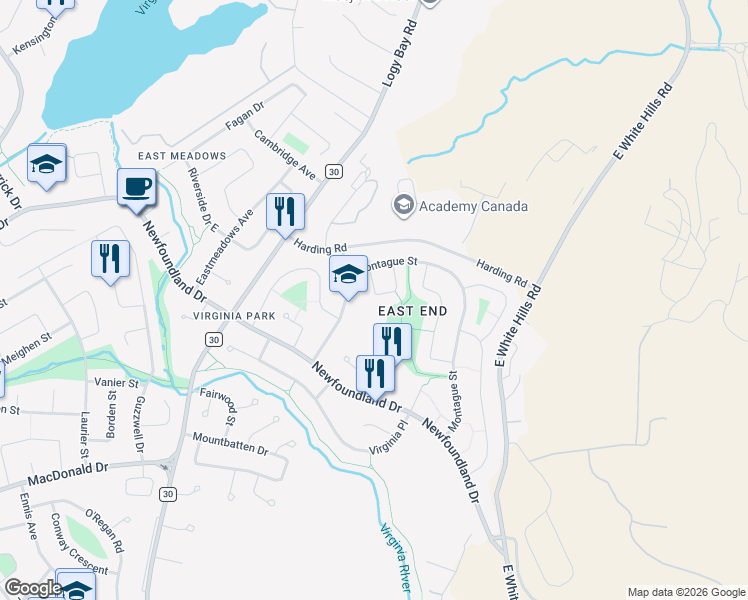 map of restaurants, bars, coffee shops, grocery stores, and more near 23 Pole Crescent in St. John's