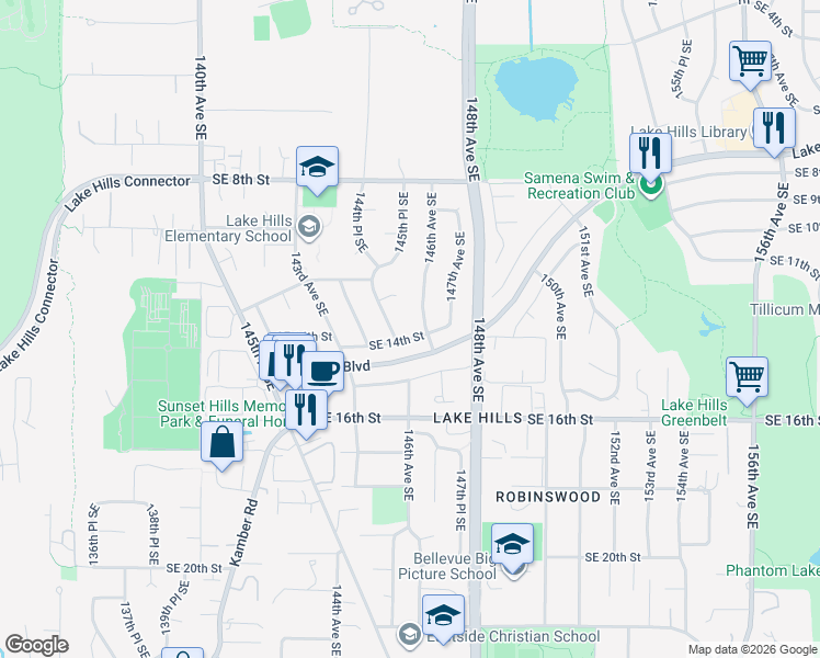 map of restaurants, bars, coffee shops, grocery stores, and more near 14514 Southeast 14th Street in Bellevue