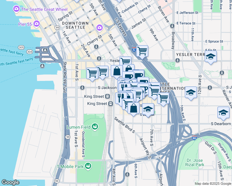 map of restaurants, bars, coffee shops, grocery stores, and more near 620 4th Avenue South in Seattle