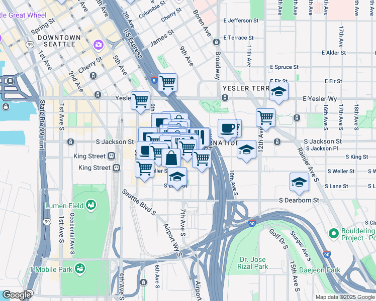 map of restaurants, bars, coffee shops, grocery stores, and more near 509 7th Avenue South in Seattle
