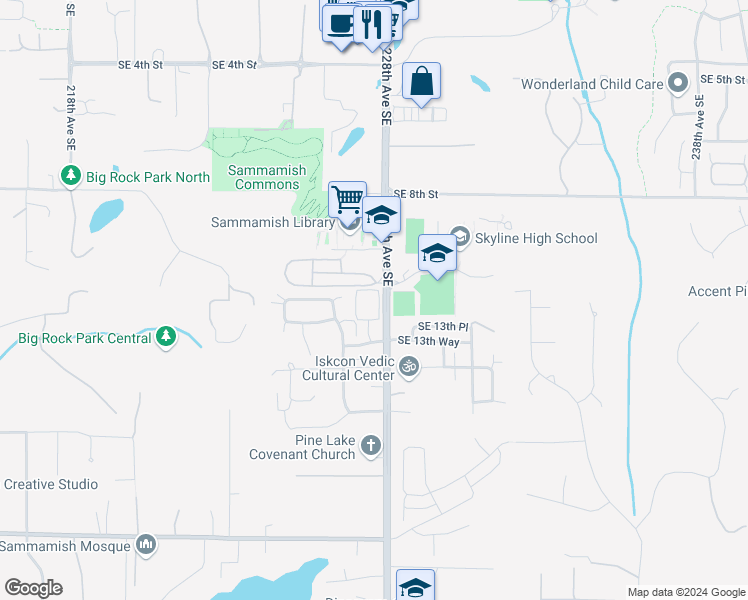 map of restaurants, bars, coffee shops, grocery stores, and more near 1322 227th Place Southeast in Sammamish