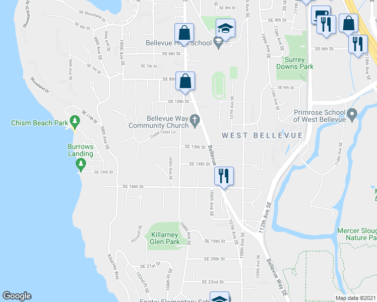 map of restaurants, bars, coffee shops, grocery stores, and more near 10422 Southeast 14th Street in Bellevue