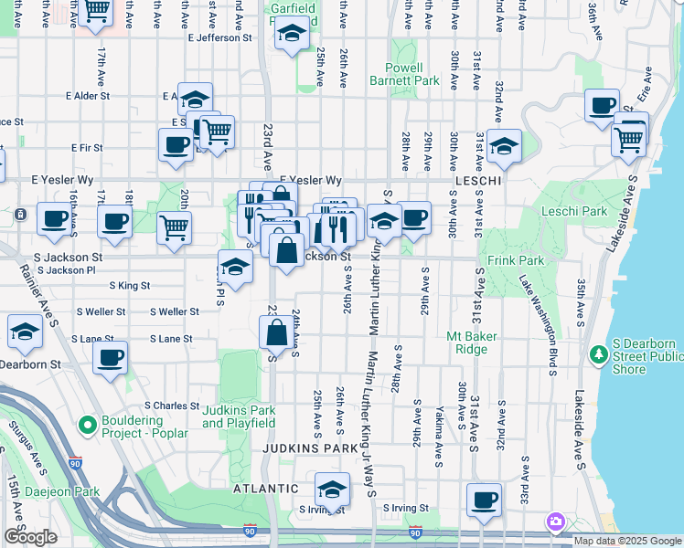 map of restaurants, bars, coffee shops, grocery stores, and more near 500 25th Avenue South in Seattle