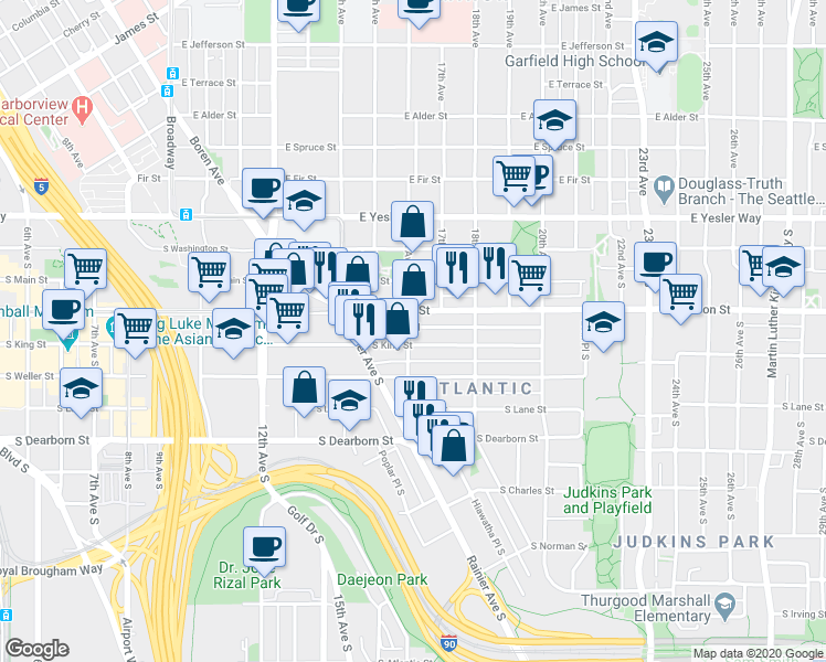 map of restaurants, bars, coffee shops, grocery stores, and more near 1414 South Weller Street in Seattle
