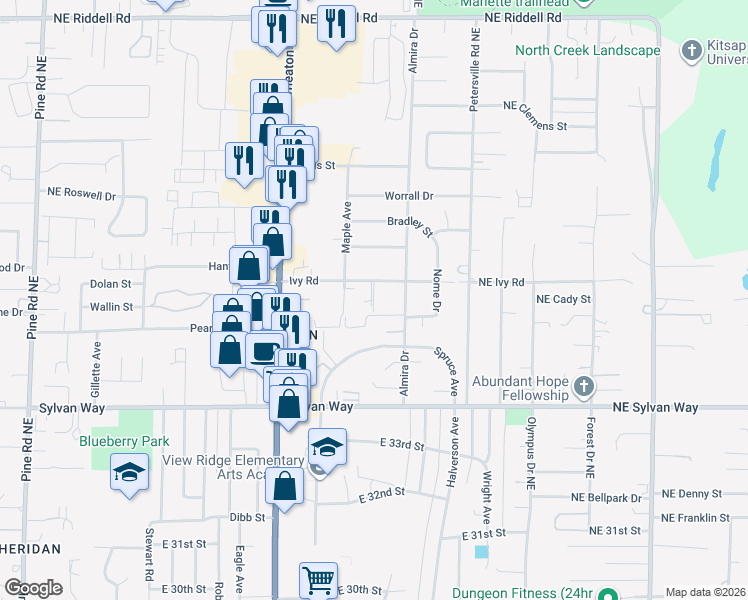 map of restaurants, bars, coffee shops, grocery stores, and more near 3511 Almira Drive in Bremerton