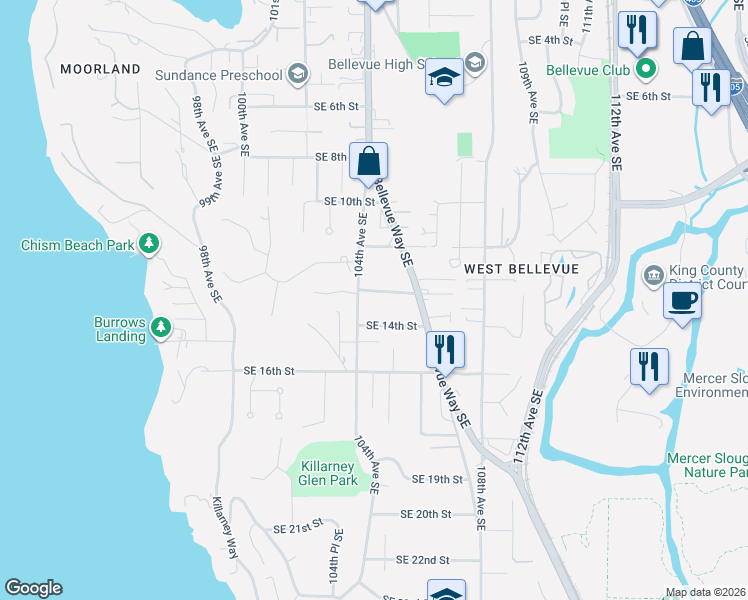 map of restaurants, bars, coffee shops, grocery stores, and more near 10415 Southeast 13th Street in Bellevue