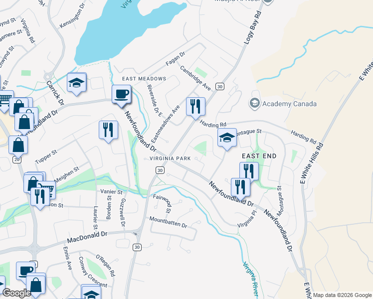 map of restaurants, bars, coffee shops, grocery stores, and more near 296 Newfoundland Drive in St. John's