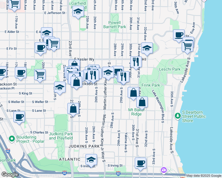map of restaurants, bars, coffee shops, grocery stores, and more near 2733 South King Street in Seattle