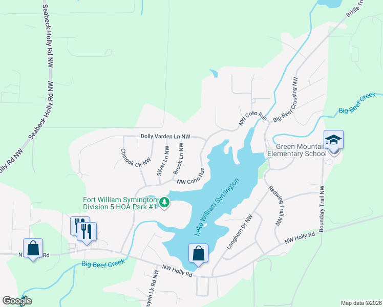 map of restaurants, bars, coffee shops, grocery stores, and more near 4064 Brook Lane Northwest in Bremerton
