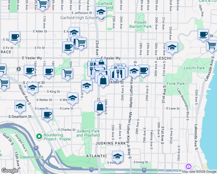 map of restaurants, bars, coffee shops, grocery stores, and more near 2401 South Jackson Street in Seattle