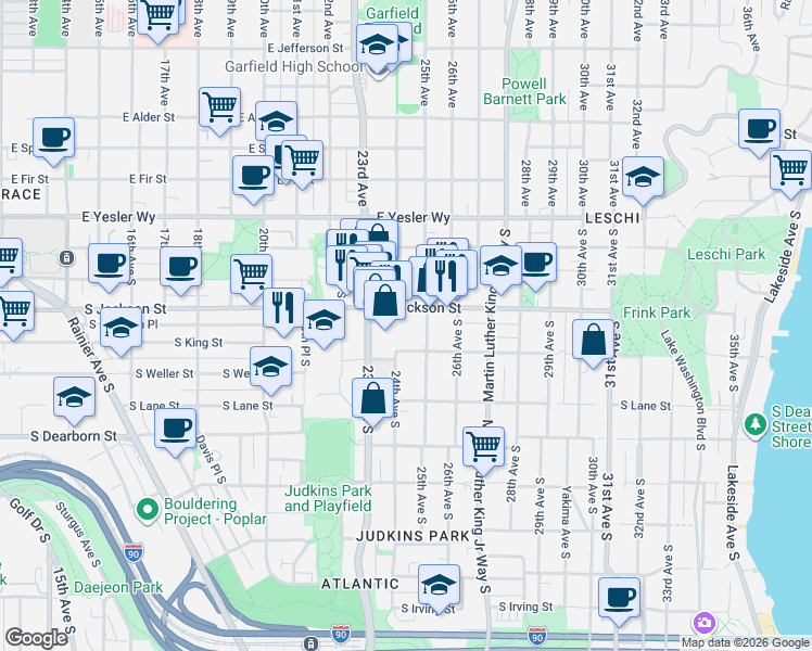 map of restaurants, bars, coffee shops, grocery stores, and more near 2401 South Jackson Street in Seattle