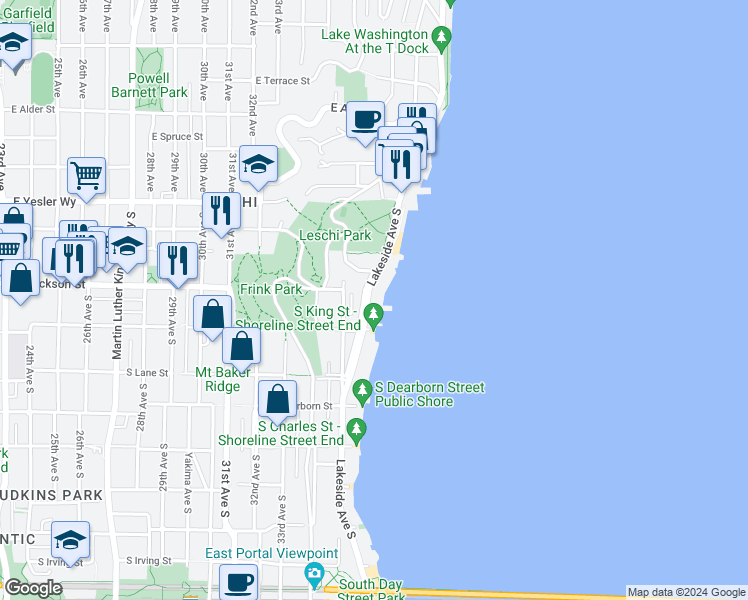 map of restaurants, bars, coffee shops, grocery stores, and more near 324 Lakeside Avenue South in Seattle
