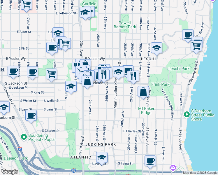 map of restaurants, bars, coffee shops, grocery stores, and more near 2612 South Jackson Street in Seattle