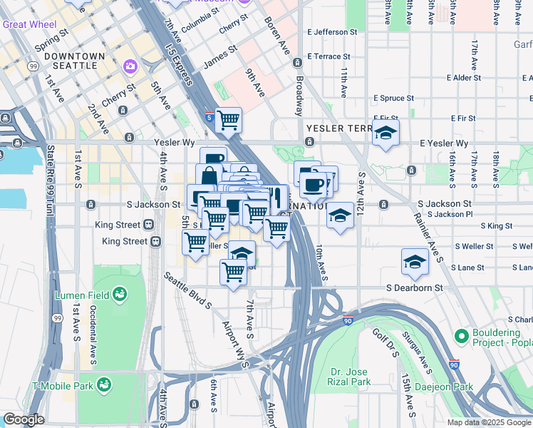 map of restaurants, bars, coffee shops, grocery stores, and more near 710 South Jackson Street in Seattle