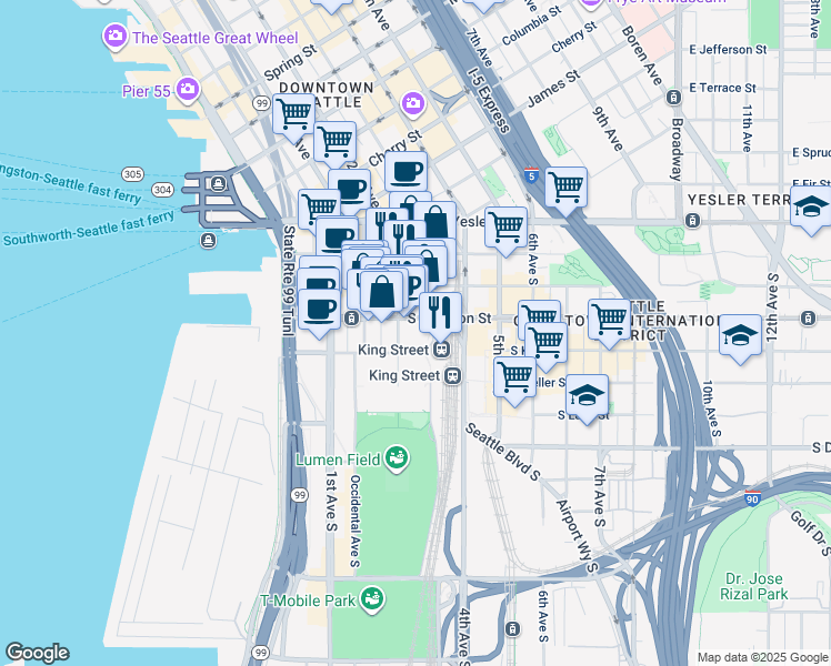map of restaurants, bars, coffee shops, grocery stores, and more near 210 South Jackson Street in Seattle