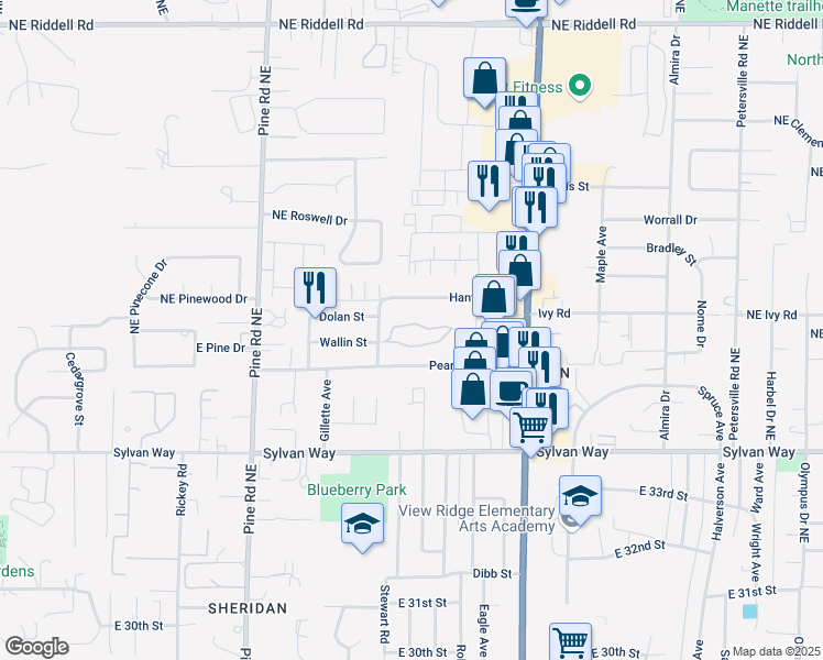 map of restaurants, bars, coffee shops, grocery stores, and more near 819 Hanford Avenue in Bremerton