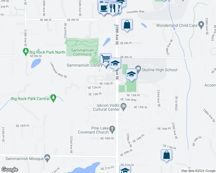map of restaurants, bars, coffee shops, grocery stores, and more near 1211 227th Lane Southeast in Sammamish
