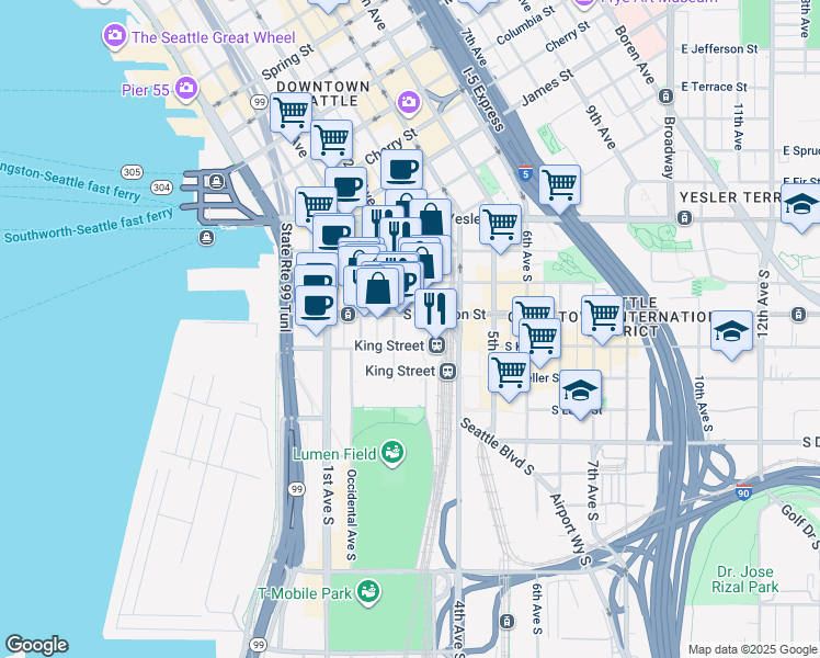 map of restaurants, bars, coffee shops, grocery stores, and more near 201 South Jackson Street in Seattle