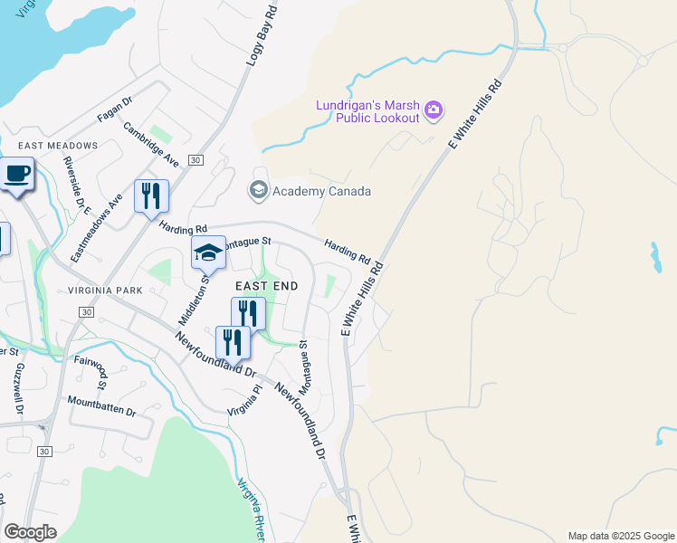 map of restaurants, bars, coffee shops, grocery stores, and more near 39 Watson Crescent in St. John's
