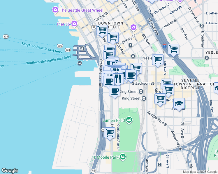 map of restaurants, bars, coffee shops, grocery stores, and more near 411 1st Avenue South in Seattle