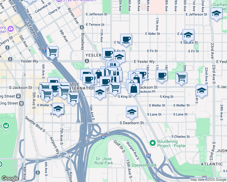 map of restaurants, bars, coffee shops, grocery stores, and more near 1224 South Jackson Street in Seattle