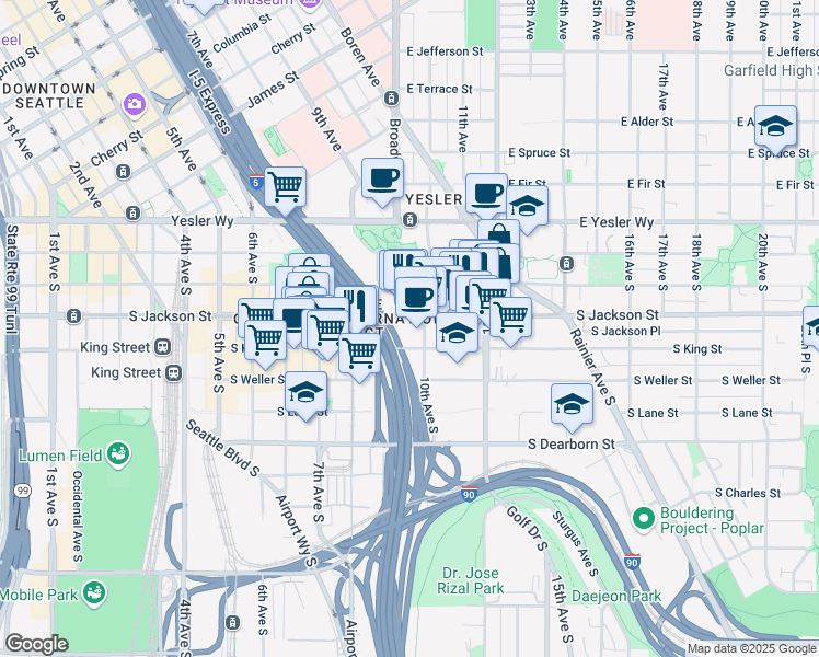 map of restaurants, bars, coffee shops, grocery stores, and more near 900 South Jackson Street in Seattle