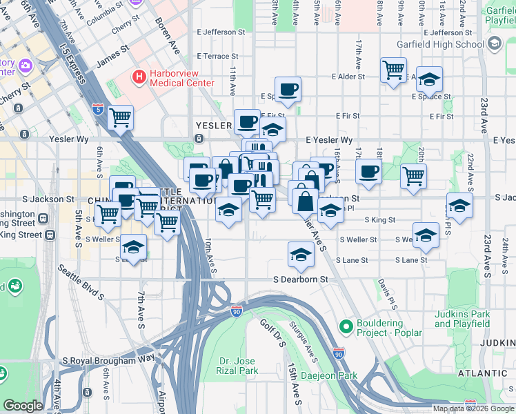 map of restaurants, bars, coffee shops, grocery stores, and more near 1207 South Jackson Street in Seattle