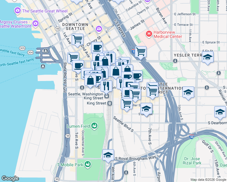 map of restaurants, bars, coffee shops, grocery stores, and more near in Seattle